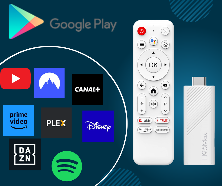 HDMI dongle with remote control and Google Play logo on a blue background